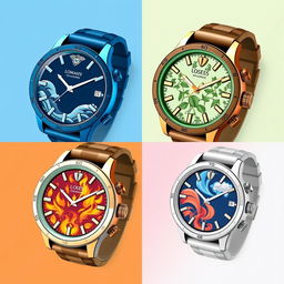 A collection of wristwatches, each representing one of the four elements: sea, earth, fire, and air