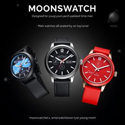 A collection of wristwatches designed for young men, inspired by the Moonswatch planets collection