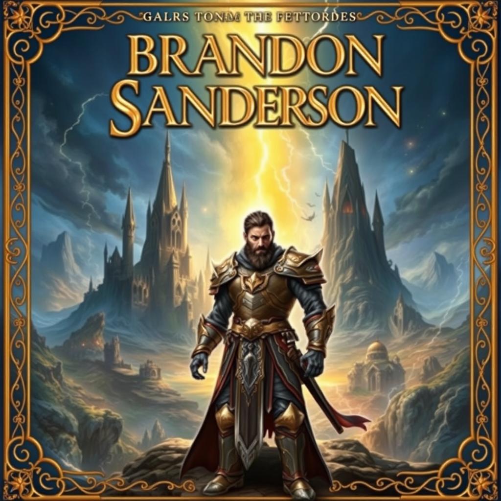 A book cover that captures the essence of a Brandon Sanderson novel, featuring a majestic and expansive fantasy realm