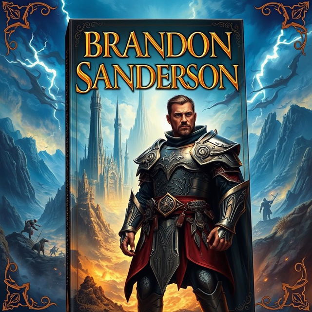 A book cover that captures the essence of a Brandon Sanderson novel, featuring a majestic and expansive fantasy realm