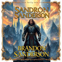 A book cover that captures the essence of a Brandon Sanderson novel, featuring a majestic and expansive fantasy realm