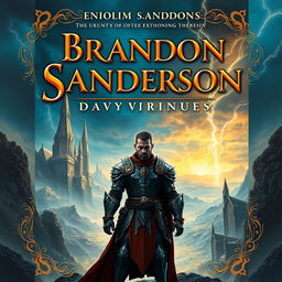 A book cover that captures the essence of a Brandon Sanderson novel, featuring a majestic and expansive fantasy realm