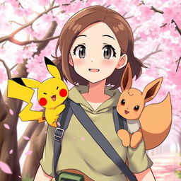 A female Pokémon trainer with brown hair and light gray eyes, joyfully traveling through a serene sakura forest