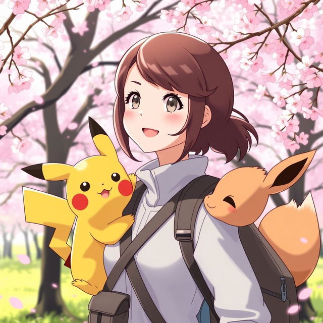 A female Pokémon trainer with brown hair and light gray eyes, joyfully traveling through a serene sakura forest