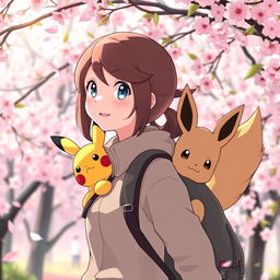 A female Pokémon trainer with brown hair and light gray eyes, joyfully traveling through a serene sakura forest