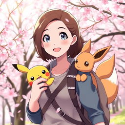 A female Pokémon trainer with brown hair and light gray eyes, joyfully traveling through a serene sakura forest