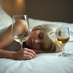 A blonde woman with short hair lying face down on a bed, next to a glass of wine