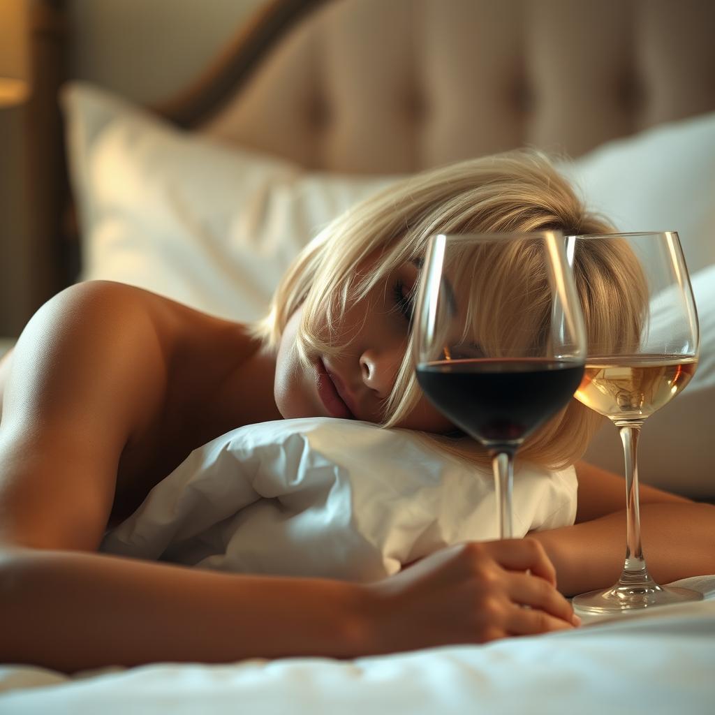 A blonde woman with short hair lying face down on a bed with a glass of wine nearby