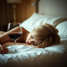 A blonde woman with short hair lying face down on a bed with a glass of wine nearby