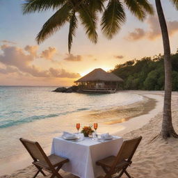 A romantic island bliss package for two, picturing a luxurious beachfront bungalow, a table for two set for a gourmet dinner on the beach, with a perfect view of the sunset. Activities like kayaking and snorkeling gear are nearby for an adventurous day.