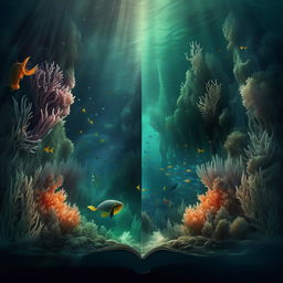 Modify the captivating book cover, adding a mystical underwater landscape at the lower half where elegant mermaids are swimming among the corals and marine life beneath the turbulent ocean surface of the battle scene.