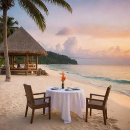 A romantic island bliss package for two, picturing a luxurious beachfront bungalow, a table for two set for a gourmet dinner on the beach, with a perfect view of the sunset. Activities like kayaking and snorkeling gear are nearby for an adventurous day.