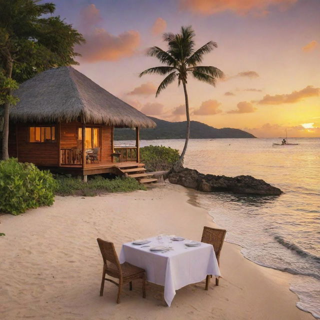 A romantic island bliss package for two, picturing a luxurious beachfront bungalow, a table for two set for a gourmet dinner on the beach, with a perfect view of the sunset. Activities like kayaking and snorkeling gear are nearby for an adventurous day.