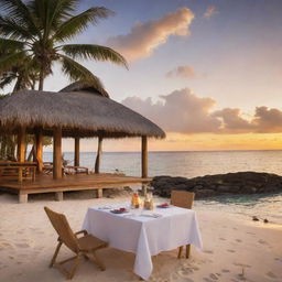 A romantic island bliss package for two, picturing a luxurious beachfront bungalow, a table for two set for a gourmet dinner on the beach, with a perfect view of the sunset. Activities like kayaking and snorkeling gear are nearby for an adventurous day.