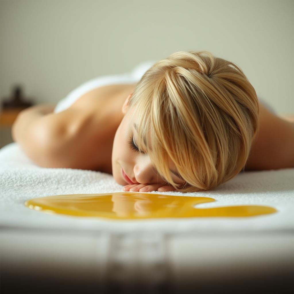 A blonde woman with short hair lying face down on a massage table with massage oil