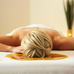 A blonde woman with short hair lying face down on a massage table with massage oil