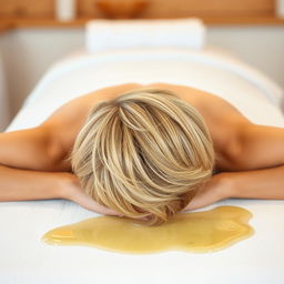 A blonde woman with short hair lying face down on a massage table with massage oil