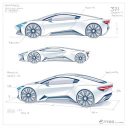 3D blueprint sketches of futuristic cars, showcasing innovative designs with sleek aerodynamic shapes, integrating advanced technology features like glowing elements and smart panels