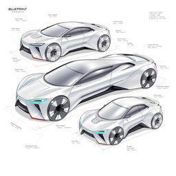 3D blueprint sketches of futuristic cars, showcasing innovative designs with sleek aerodynamic shapes, integrating advanced technology features like glowing elements and smart panels