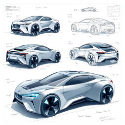 3D blueprint sketches of futuristic cars, showcasing innovative designs with sleek aerodynamic shapes, integrating advanced technology features like glowing elements and smart panels