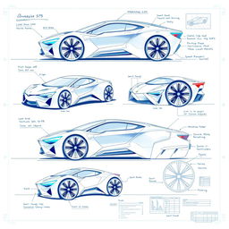 3D blueprint sketches of futuristic cars, showcasing innovative designs with sleek aerodynamic shapes, integrating advanced technology features like glowing elements and smart panels