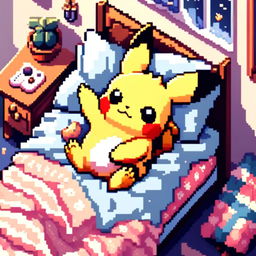 Pixel art profile picture of an adorable Pikachu sleeping peacefully in a cozy bed with pastel blue and white bedding.