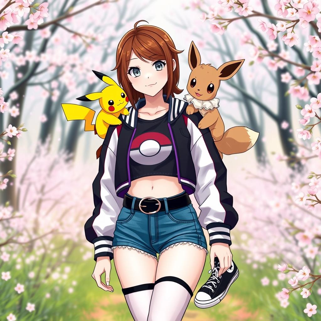 A female Pokémon trainer with brown hair and light gray eyes, wearing a stylish black Pokéball crop top paired with a vibrant black, white, and purple crop varsity jacket