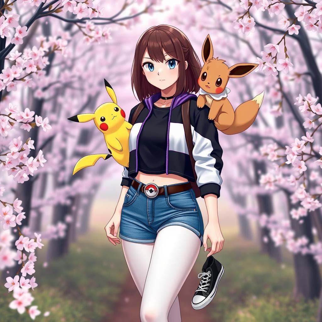 A female Pokémon trainer with brown hair and light gray eyes, wearing a stylish black Pokéball crop top paired with a vibrant black, white, and purple crop varsity jacket