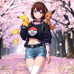 A female Pokémon trainer with brown hair and light gray eyes, wearing a stylish black Pokéball crop top paired with a vibrant black, white, and purple crop varsity jacket