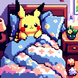 Pixel art profile picture of an adorable Pikachu sleeping peacefully in a cozy bed with pastel blue and white bedding.