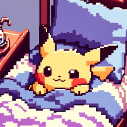 Pixel art profile picture of an adorable Pikachu sleeping peacefully in a cozy bed with pastel blue and white bedding.