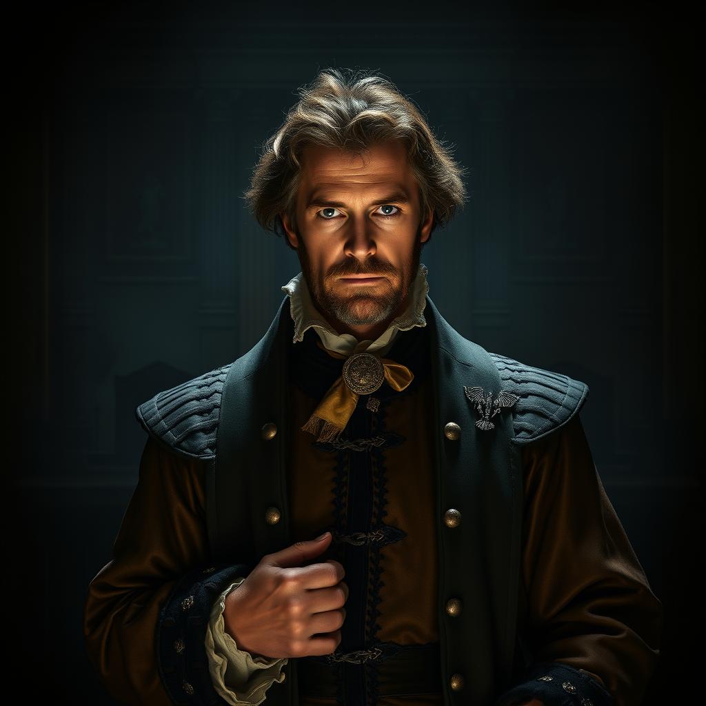 A richly detailed, painterly movie poster in the style of the Dutch Golden Age, portraying Cornelis de Graeff with a serious, focused expression