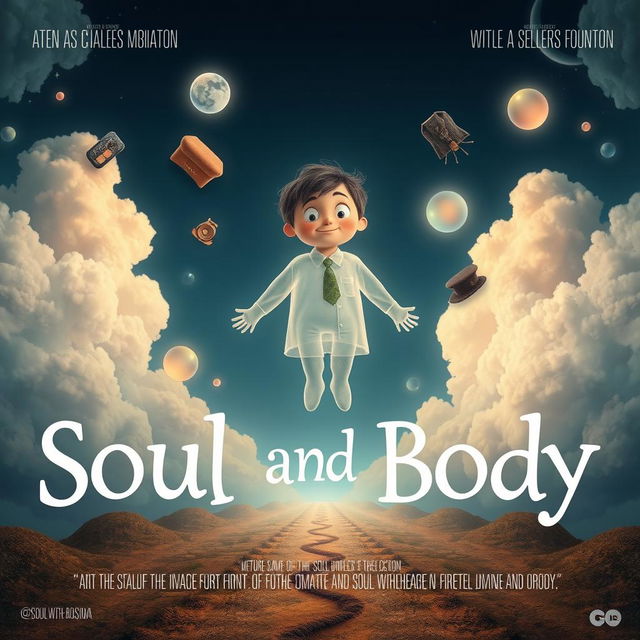 A compelling and whimsical movie poster for a comedy-drama film titled "Soul and Body," focusing on the theme of a deceased person navigating the soul world