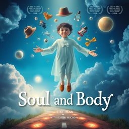 A compelling and whimsical movie poster for a comedy-drama film titled "Soul and Body," focusing on the theme of a deceased person navigating the soul world