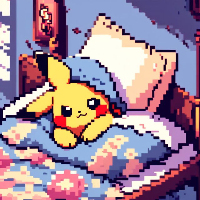 Pixel art profile picture of an adorable Pikachu sleeping peacefully in a cozy bed with pastel blue and white bedding.