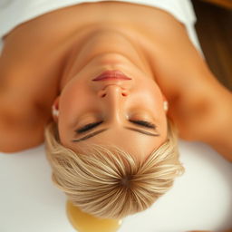 A blonde woman with short hair lying face down, with massage oil glistening on her skin