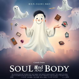 An intriguing and humorous movie poster for a comedy-drama film titled "Soul and Body," centered on the theme of a deceased person navigating the ghost world