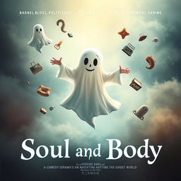 An intriguing and humorous movie poster for a comedy-drama film titled "Soul and Body," centered on the theme of a deceased person navigating the ghost world