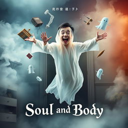 An intriguing and humorous movie poster for a comedy-drama film titled "Soul and Body," centered on the theme of a deceased person navigating the ghost world