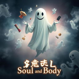 An intriguing and humorous movie poster for a comedy-drama film titled "Soul and Body," centered on the theme of a deceased person navigating the ghost world