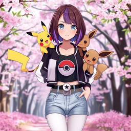 A female Pokémon trainer with shoulder-length brown hair featuring purple highlights and light gray eyes