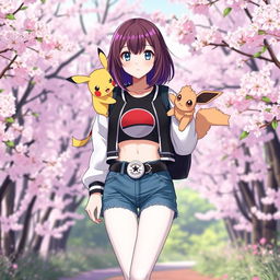 A female Pokémon trainer with shoulder-length brown hair featuring purple highlights and light gray eyes