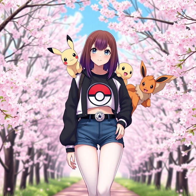 A female Pokémon trainer with shoulder-length brown hair featuring purple highlights and light gray eyes