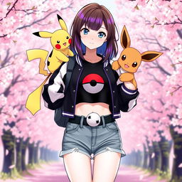 A female Pokémon trainer with shoulder-length brown hair featuring purple highlights and light gray eyes