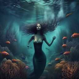 Modify the captivating book cover, adding a mystical underwater landscape at the lower half where elegant mermaids are swimming among the corals and marine life beneath the turbulent ocean surface of the battle scene.