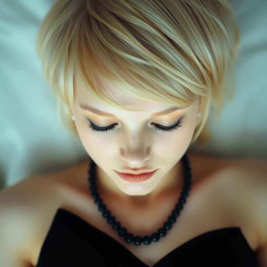 A blonde woman with short hair, lying face down, wearing a black necklace