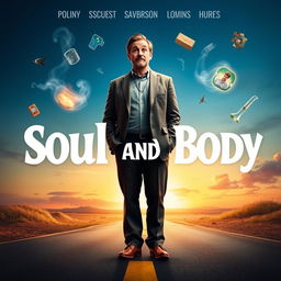 An engaging and humorous movie poster for the comedy-drama film "Soul and Body," featuring the story of a deceased man stuck between life and death