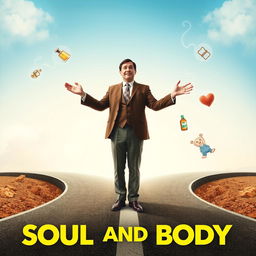 An engaging and humorous movie poster for the comedy-drama film "Soul and Body," featuring the story of a deceased man stuck between life and death