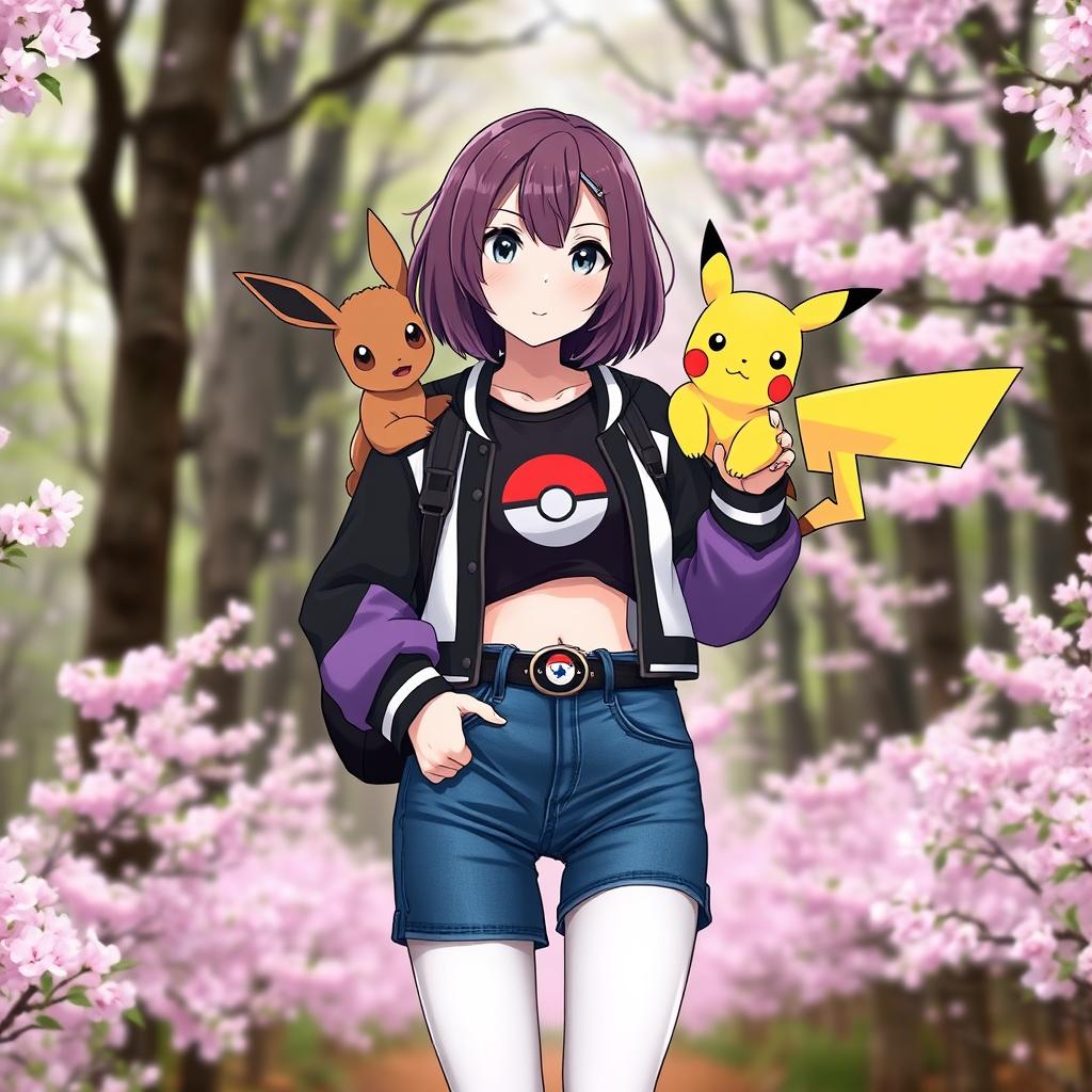 A female Pokémon trainer with shoulder-length brown hair featuring purple highlights and light gray eyes