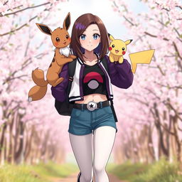 A female Pokémon trainer with shoulder-length brown hair featuring purple highlights and light gray eyes